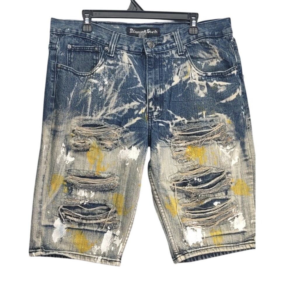 Diamond Stash Mens Jorts Jean Shorts Distressed Paint Splatter Yellow Smoke Wash